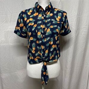 New Pineapple Print Button Up Tie Crop Top